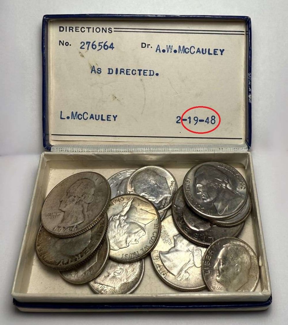 1948 Time Capsule 1940-S-1947-S AU-Mint Condition 90% Silver: Sealed up in 1948 by Titus & Son Pharmcy in Alhambra, California. This pill box contains $2.30 of 90% silver coins of the day. Winner shall receive the exact item shown here. (CD/B)