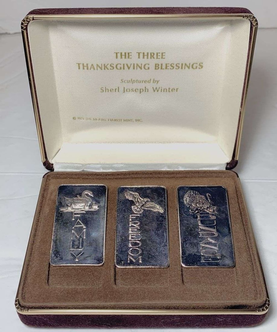 Rare! 1973 "The Three Thanksgiving Blessings" 1 ozt .999 Silver Bar Set (3-bars): Winner shall receive the set (3-bars) shown here. (BD/LBB)