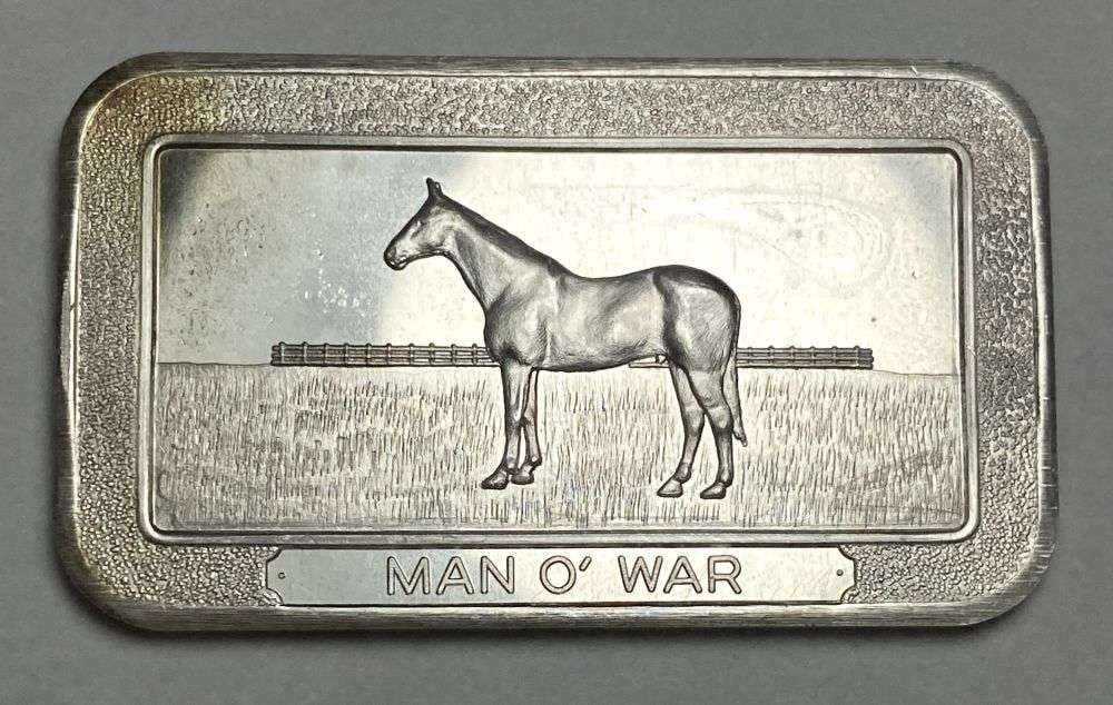 1973 Pioneer Mint Man O' War 1 ozt .999 Silver Bar: Winner shall receive the exact bar shown here. (RR/B)