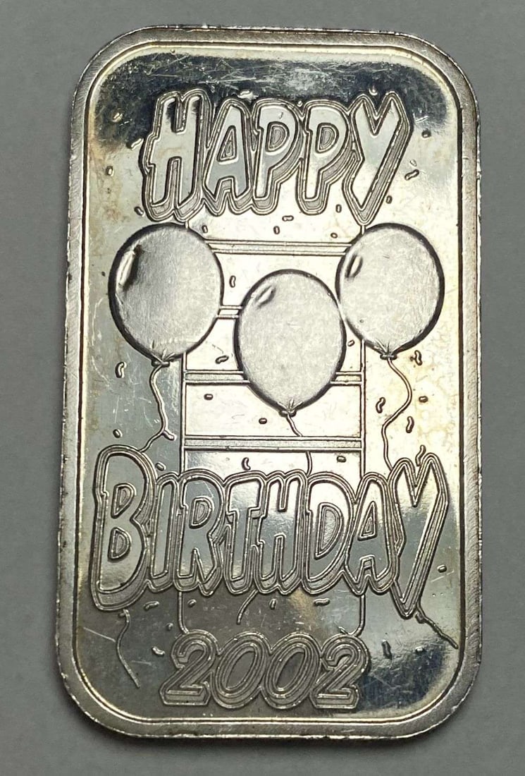 2002 Happy Birthday 1 ozt .999 Silver Bar: Winner shall receive the exact bar shown here. (RR/B)