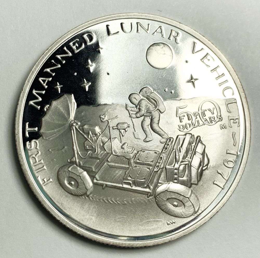 1989 Republic Of The Marshall Islands $50 First Manned Lunar Vehicle Silver (1 of 2)