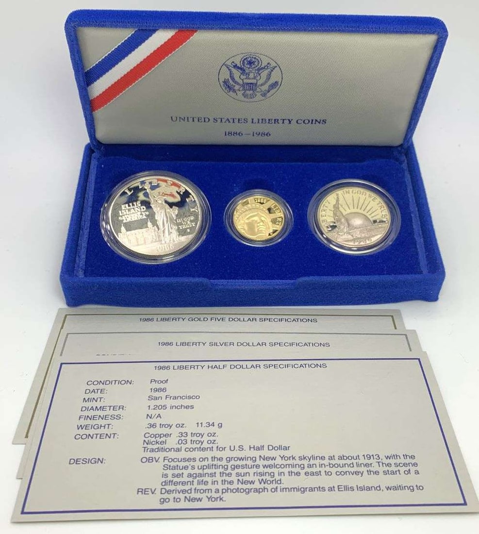 1986-S/W Statue Of Liberty Commemorative Gold & Silver Proof Set OGP (3-coins) (1 of 8)