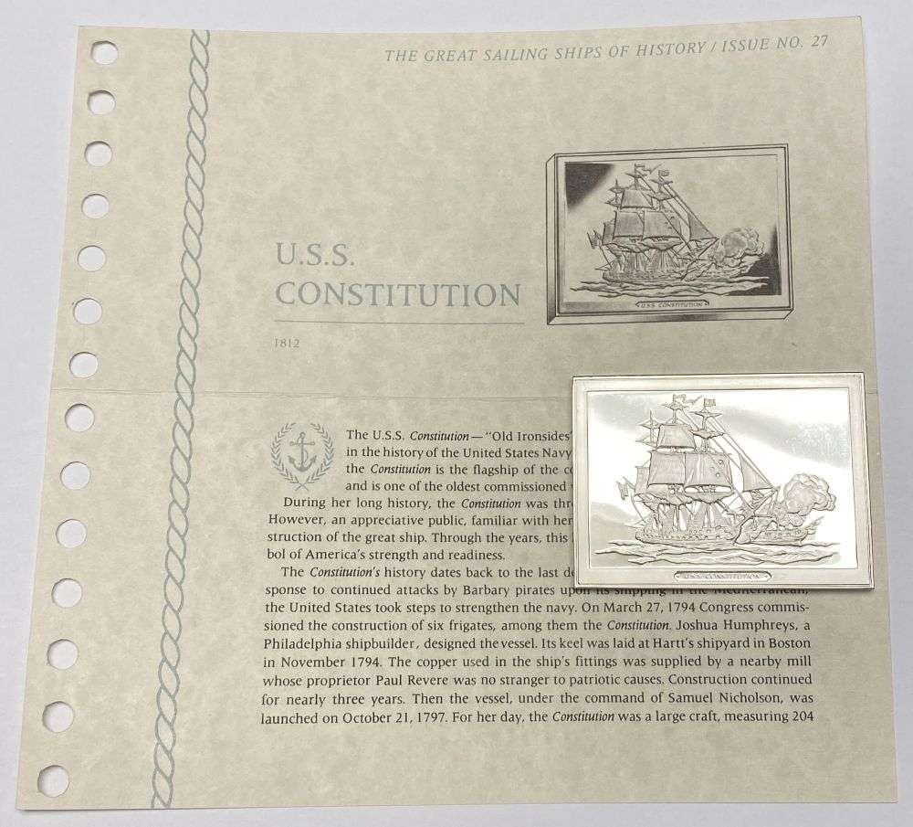 The Great Sailing Ships Of History "USS Constitution" 1500 Grains Sterling Silver Bar 3.125 ozt ASW (1 of 8)