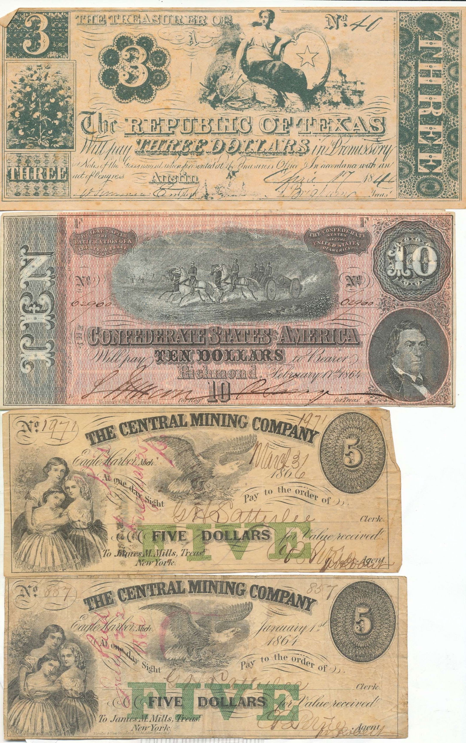 (4) 1800's United States Confederate Currency Notes (1 of 2)