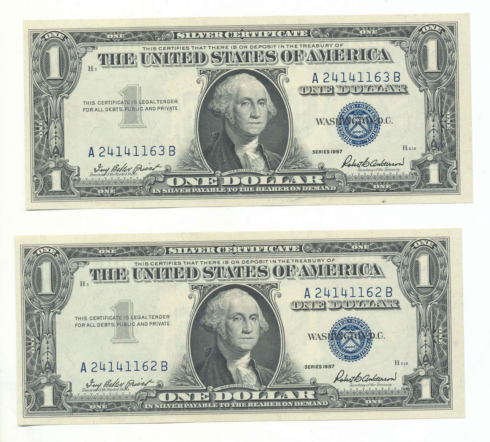(2) 1957 United States Consecutive $1 Silver Certificates (1 of 2)