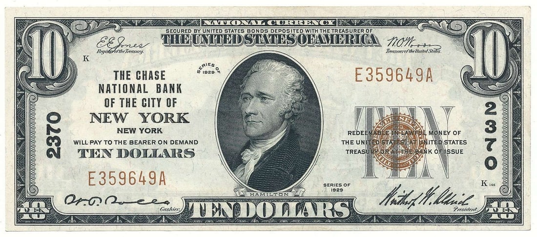 1929 The Chase National Bank Of The City Of New York, New York $10 Note CU (1 of 2)