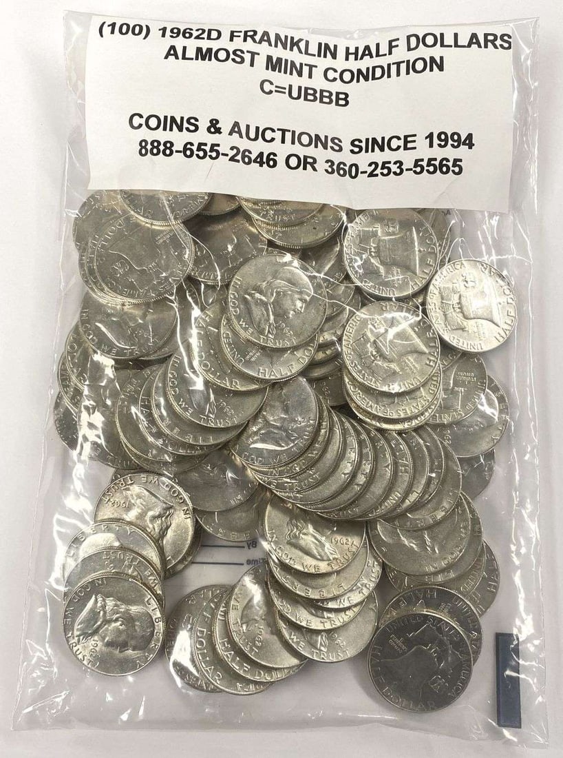 (100) 1962-D Franklin Silver Half Dollars Almost Mint (1 of 6)