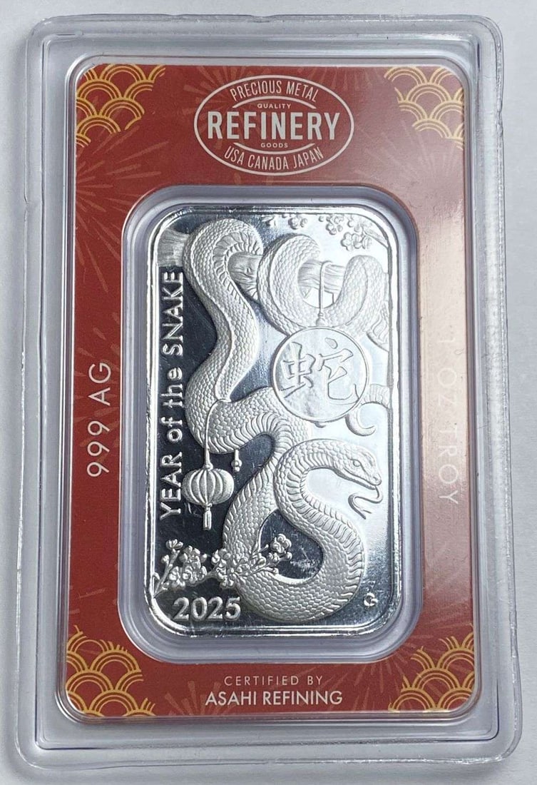 2025 Asahi Refining Year Of The Snake 1 ozt .999 Silver Carded Bar: Winner shall receive (1) bar precisely resembling shown here. (RR/B)