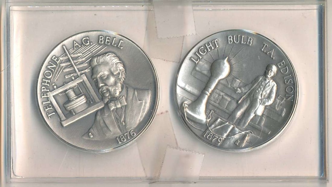 Last Min! Extremely Rare Invention of Telephone & Lightbulb 2.26 ozt Sterling Silver Set (2-coins) (1 of 5)