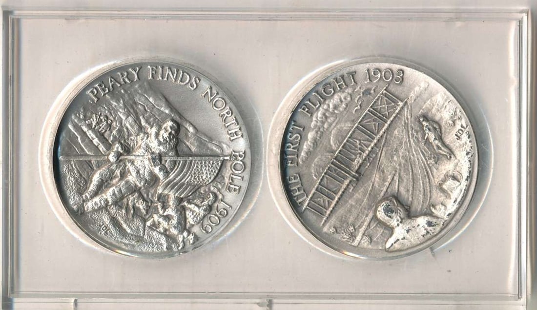 Last Min! Extremely Rare Peary Finds North Pole / First Flight 2.26ozt Sterling Silver Set (2-coins) (1 of 5)