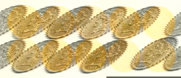 (10) Gold $5 Liberty Head Almost Mint: Winner shall receive (10-coins) precisely resembling the 10-coins from the pile shown here. Please allow 2-4 weeks for shipping. (DL/RER)