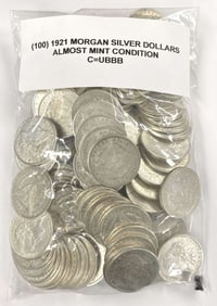 Bag $100 FV 1921 Morgan Silver Dollars Almost Mint Condition (100-coins)