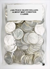 Bag $100 Peace Silver Dollars Almost Mint (100-coins)