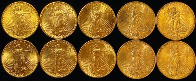 (10) Gold $20 Saint Gaudens Brilliant Uncirculated