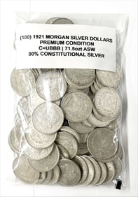 Bag $100 FV 1921 Morgan Silver Dollars Premium Condition (100-coins)