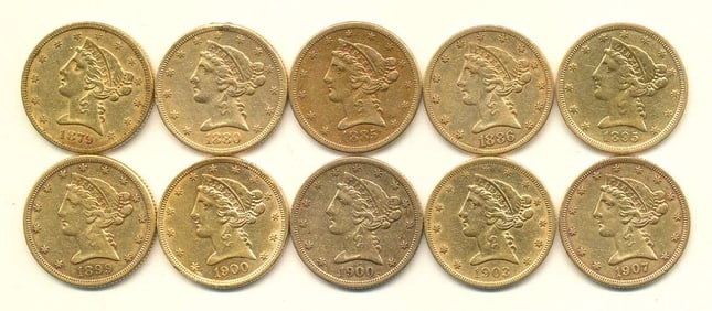 (10) Circulated Gold $5 Liberty Head