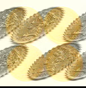 (4) Gold $5 Liberty Head Almost Mint: Winner shall receive (4-coins) precisely resembling the 4-coins from the pile shown here. Please allow 2-4 weeks for shipping. (DL/RER)