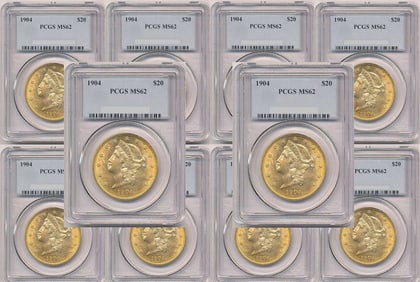 Ten (10) Gold $20 Liberty Head PCGS MS62