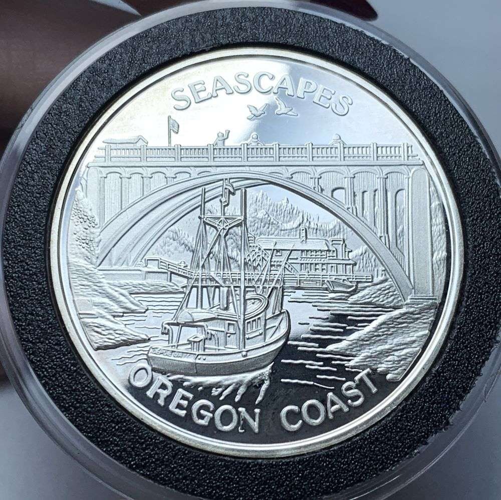 Oregon Coast Seascapes Proof 1 ozt .999 Silver: Winner shall receive the exact coin shown here. (BD/B)
