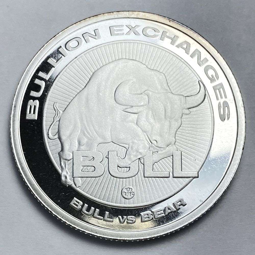 Bullion Exchanges Bull VS Bear 1 ozt .9999 Silver: Winner shall receive the exact coin shown here. (RR/B)
