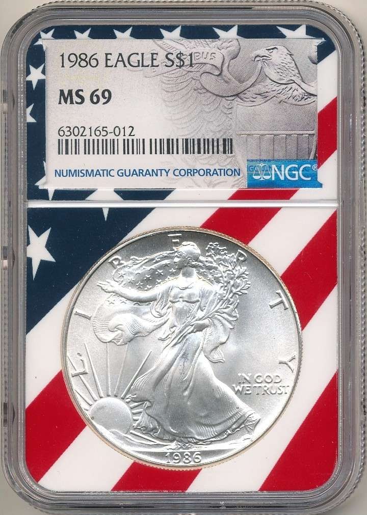 First Year 1986 American Silver Eagle NGC MS69 Red, White & Blue Label (1 of 4)
