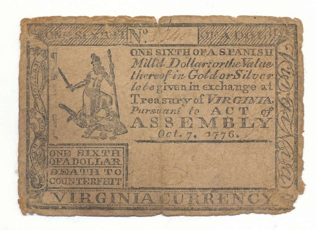 1776 United States Virginia 1/6th of a Dollar Note: Winner shall receive the exact note shown here. (BD/B)