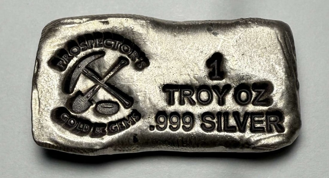 Prospector's Gold & Gems 1 ozt .999 Silver Bar: Winner shall receive the exact bar shown here. (CD/EB)