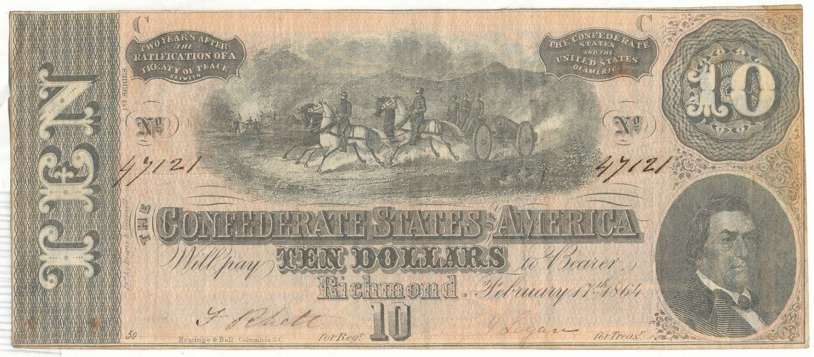 1864 Confederate States of America $10 Note (1 of 2)