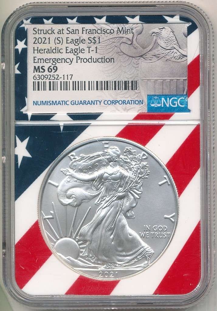 2021(S) American Silver Eagle NGC MS69 Emergency Production Patriotic Design: Winner shall receive the exact coin shown here. (BD/B)