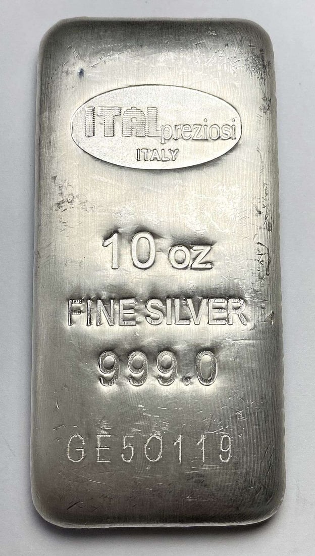 Italpreziosi Italy 10 ozt .999 Silver Bar: Winner shall receive the exact bar shown here. (RR/TVC=EPR)