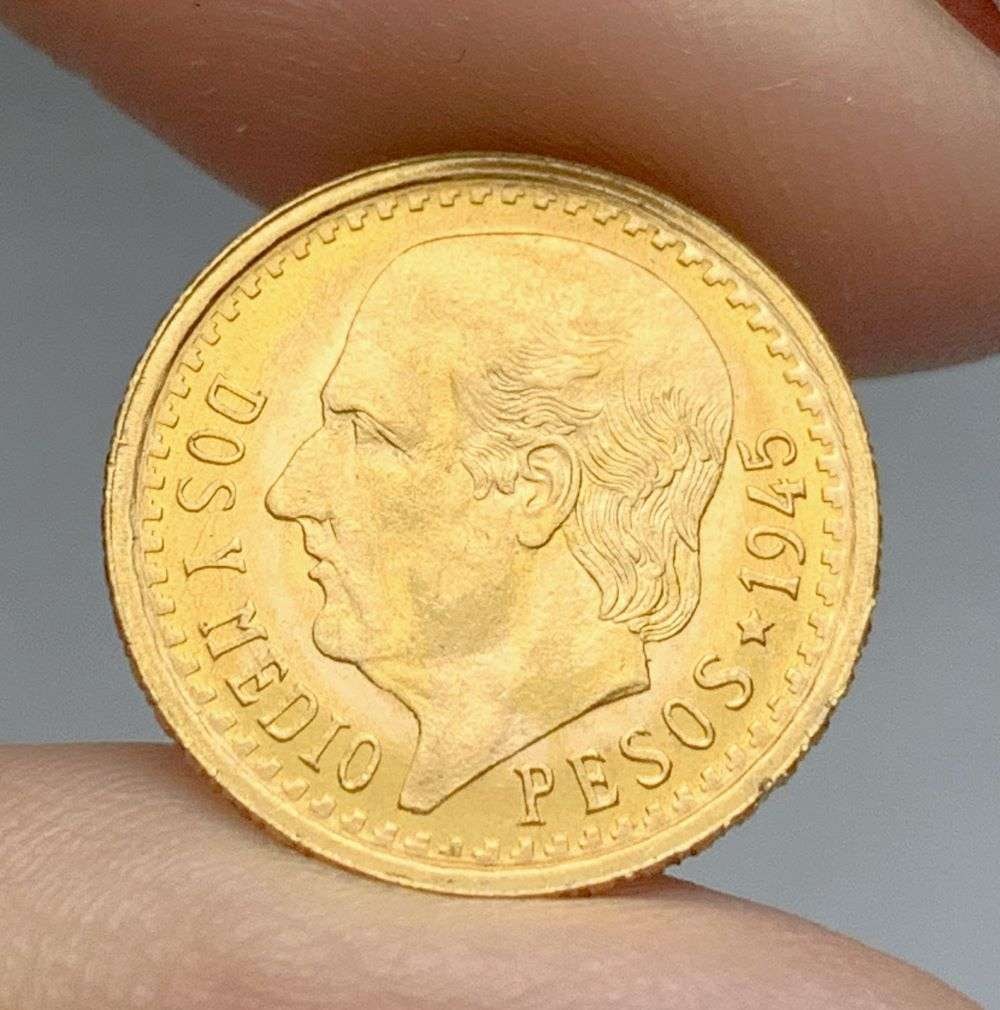 1945 Mexico Gold $2.50 Pesos: Winner shall receive the exact coin shown here. (BD/TVC=LIB)