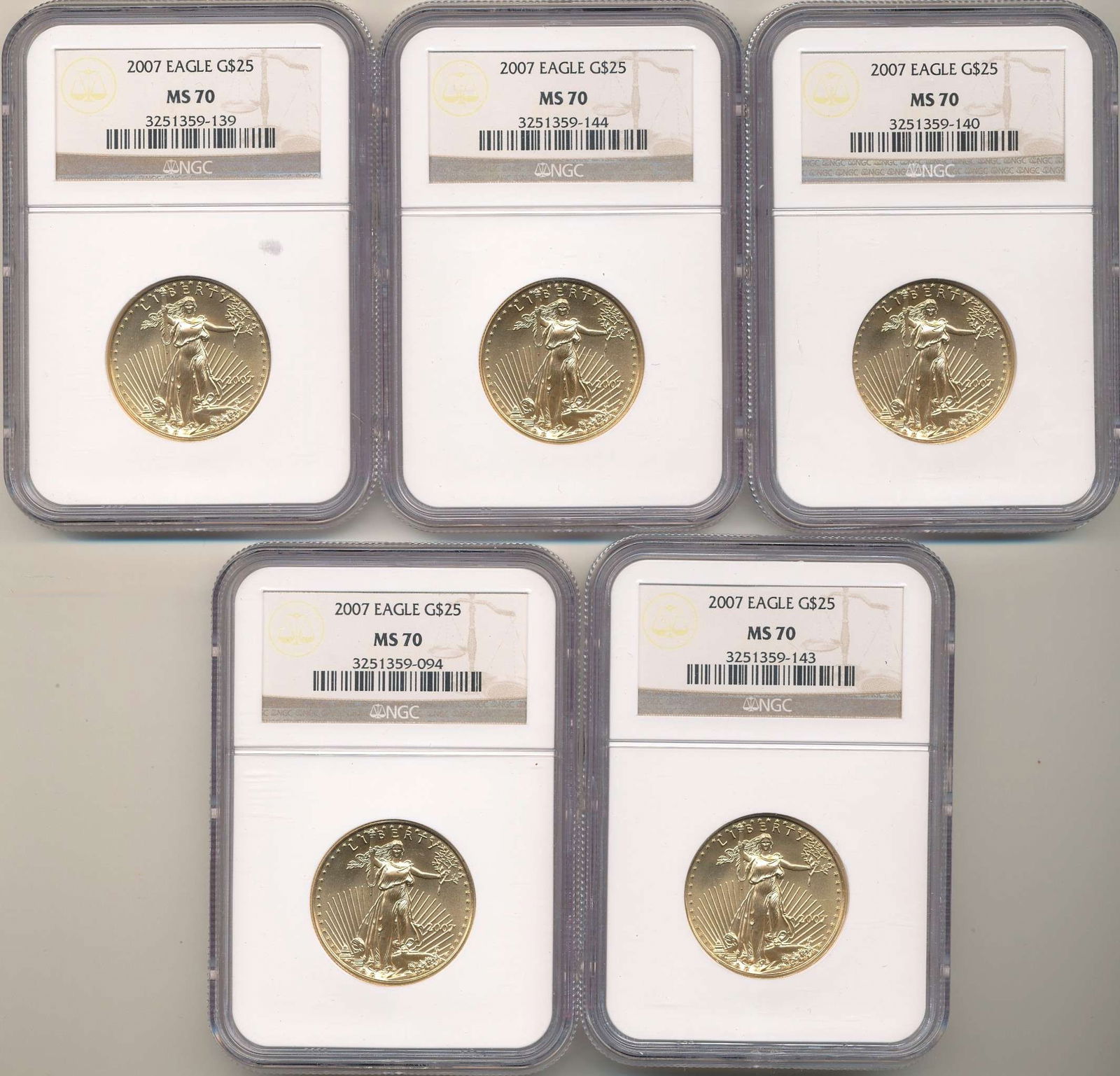 Last Minute! (5) 2007 American $25 Gold Eagle 1/2 ozt NGC MS70 (1 of 6)