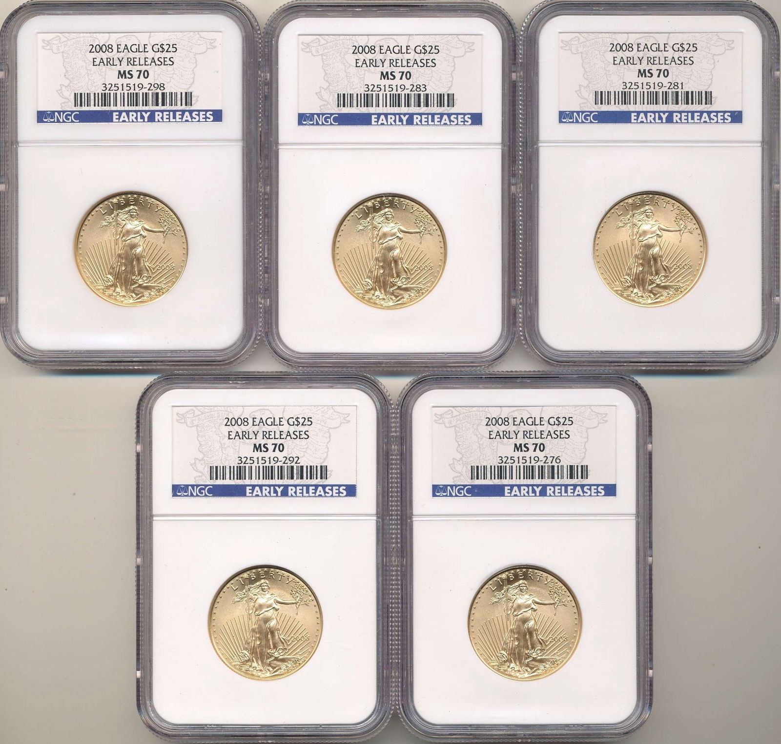 Last Minute! (5) 2008 American $25 Gold Eagle 1/2 ozt NGC MS70 Early Releases (1 of 6)