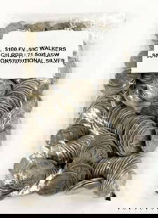 $100 FV Sealed Evidence Bag 90% Silver Walkers 50c: This bag contains $100 face value or (200) coins. These are walking liberty 90% silver half dollars minted between 1916 and 1947. Please allow 2-4 weeks for shipping.