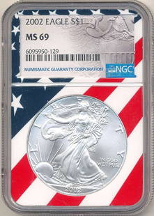 2002 American Silver Eagle NGC MS69 Red White & Blue Label: Winner shall receive the exact coin shown here. (RR/B)