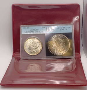 Vintage Grading 1884-O Morgan Silver Dollar MS65/65+: Some of these grades are so old that they were still using two-factor grading, delineating the grade on the front and the back. This was a common practice up until 1986 when PCGS first adopted the
