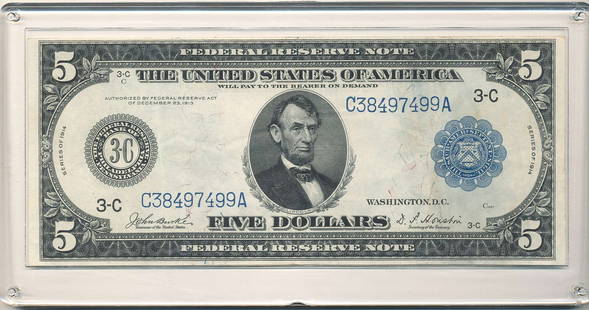 1914 United States $5 Federal Reserve Note Blue Seal: Winner shall receive the exact note shown here. (RR)