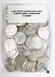(100) Almost Mint Peace Silver Dollars: Winner shall receive (100-coins) precisely resembling the coins shown here. This group is almost mint. We guarantee authenticity and the count and there are (100-coins) enclosed. Please allow 2-4 week