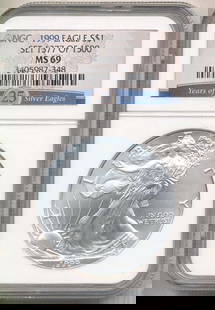 1999 American Silver Eagle NGC MS69 25th Anniversary: Winner shall receive the exact coin shown here. (BD/B)