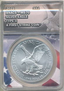 2021 American Silver Eagle Type 2 ANACS MS70 First Strike: Winner shall receive the exact coin shown here. (BD/B)
