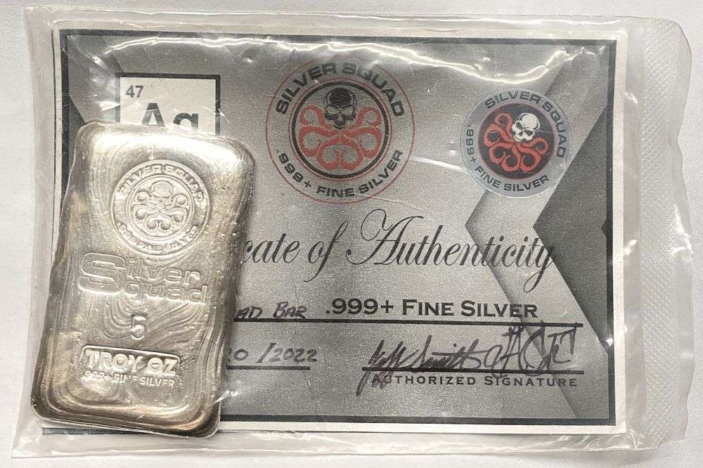 Silver Squad 5 ozt .999 Silver Bar: Winner shall receive the exact bar shown here. (RR)