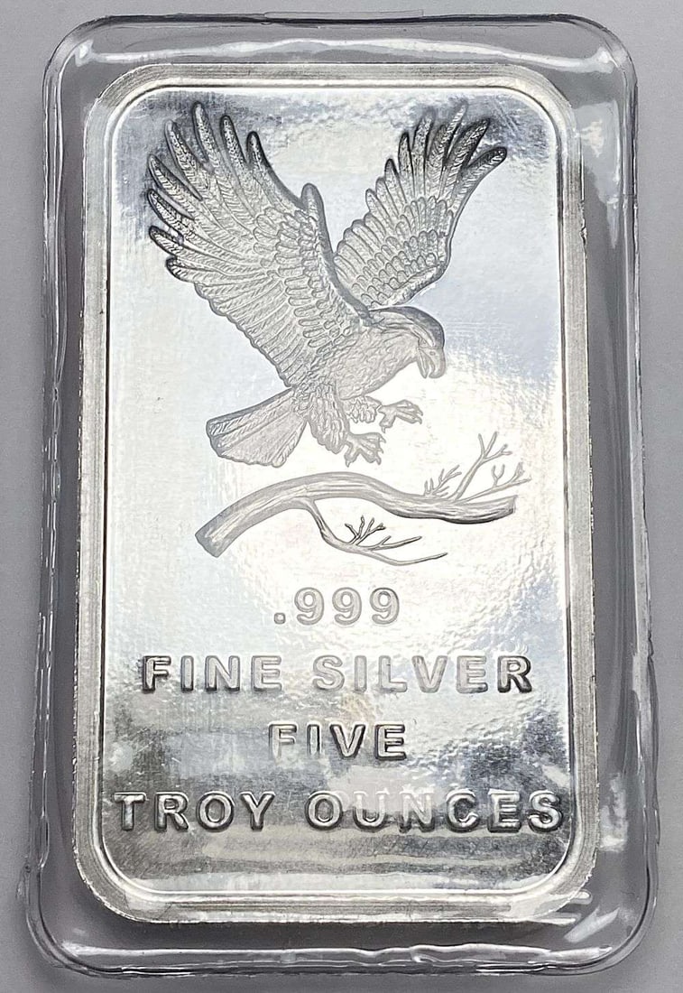 SilverTowne Trademark Eagle 5 ozt .999 Silver Bar: Winner shall receive (1) bar precisely resembling the one shown here. (RR/LFO)