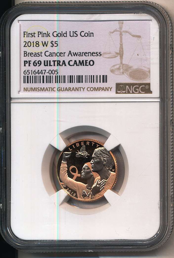 2018-W Breast Cancer Awareness Gold $5 Commemorative NGC PF69 UC First Pink Gold U.S. Coin (1 of 3)
