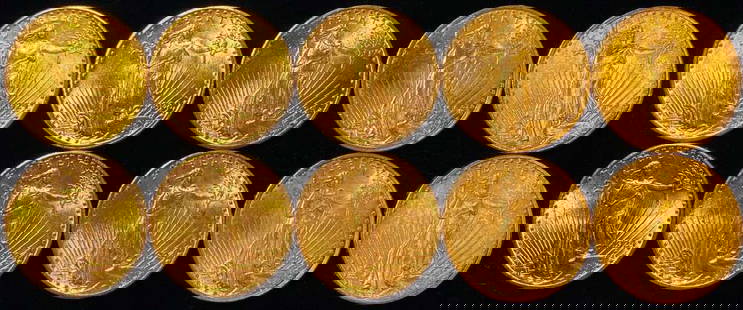 (10) Gold $20 Saint Gaudens Brilliant Uncirculated: Fresh beautiful coins in brilliant uncirculated condition. Winner shall receive (10) coins precisely resembling the ones shown here. Please allow 2-4 weeks for shipping.