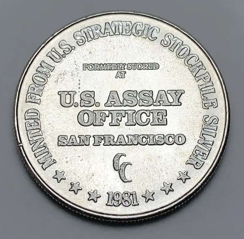 1981-CC U.S. Assay Office San Francisco 1 ozt .999 Silver Trade Unit: Winner shall receive (1) coin precisely resembling the one shown here. (BD/B)