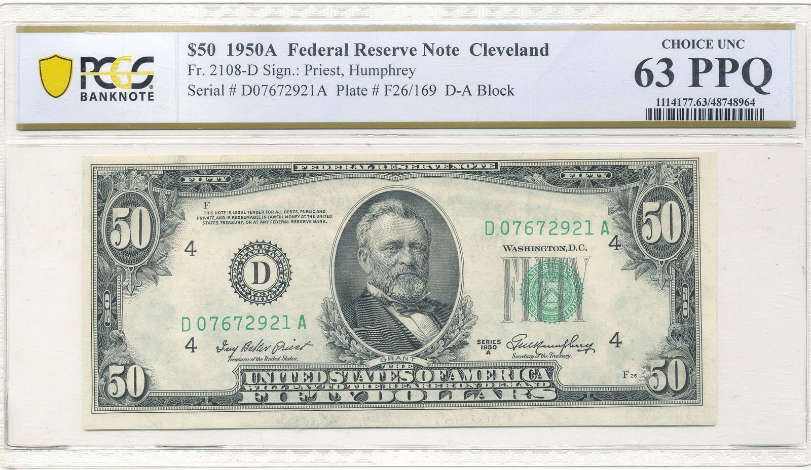 1950A United States Cleveland Federal Reserve $50 Note PCGS 63 PPQ: Winner shall receive the exact note shown here. (RR)