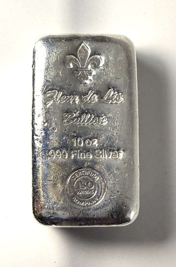 Fleur De Lis Bullion 10 ozt .999 Silver Bar: Winner shall receive the exact bar shown here. (MK/UFE)
