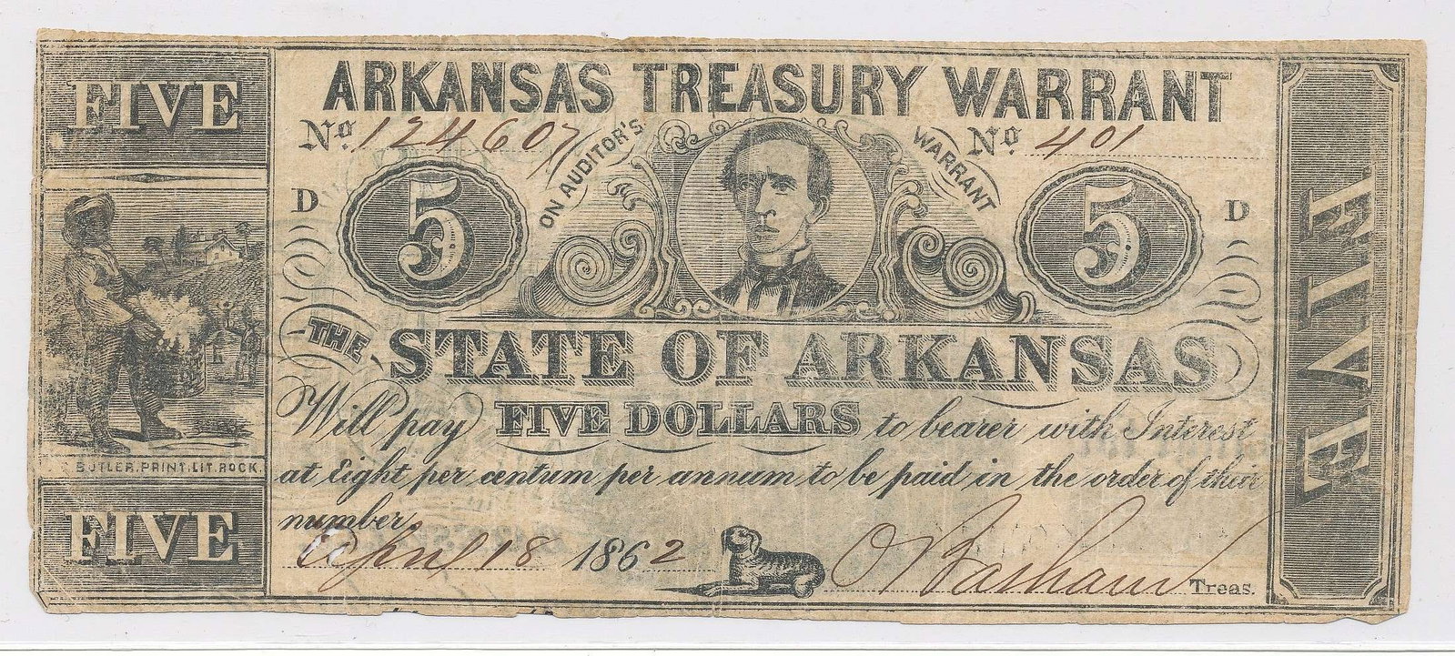 1862 United States Arkansas Treasury Warrant $5 Note: Winner shall receive the exact note shown here. (RR)