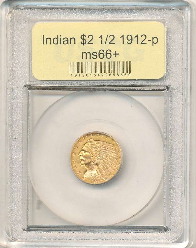 1912 Gold $2.50 Indian Head MS66+: IMPORTANT NOTE: We do not agree with the grade provided with this "off-brand" grading company. Winner shall receive the exact coin shown here. (RR)
