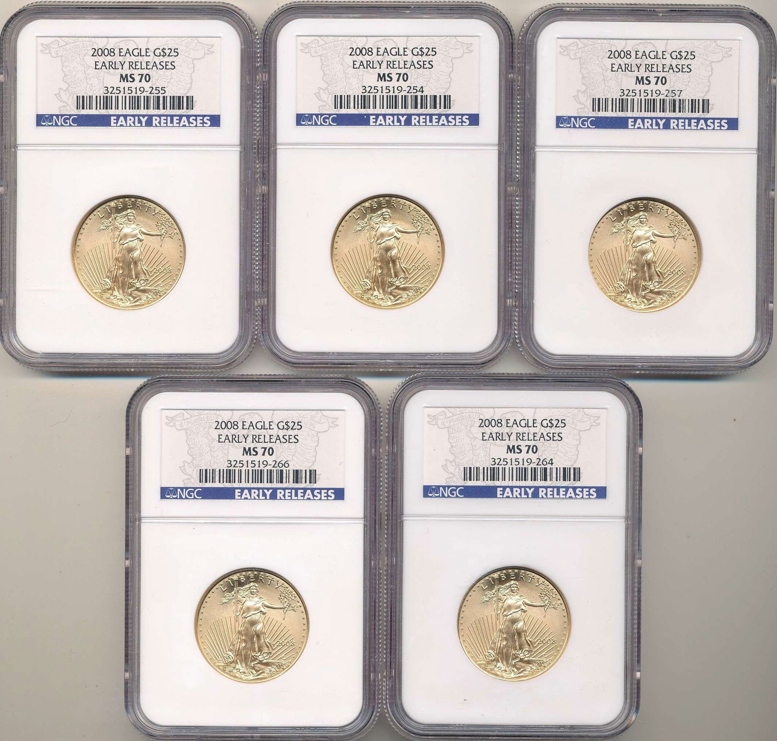 (5) 2008 American $25 Gold Eagle 1/2 ozt NGC MS70 Early Releases (1 of 6)